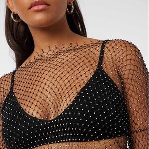 Black Rhinestone Mesh Sheer Long Sleeve Top Size S | Festival Party